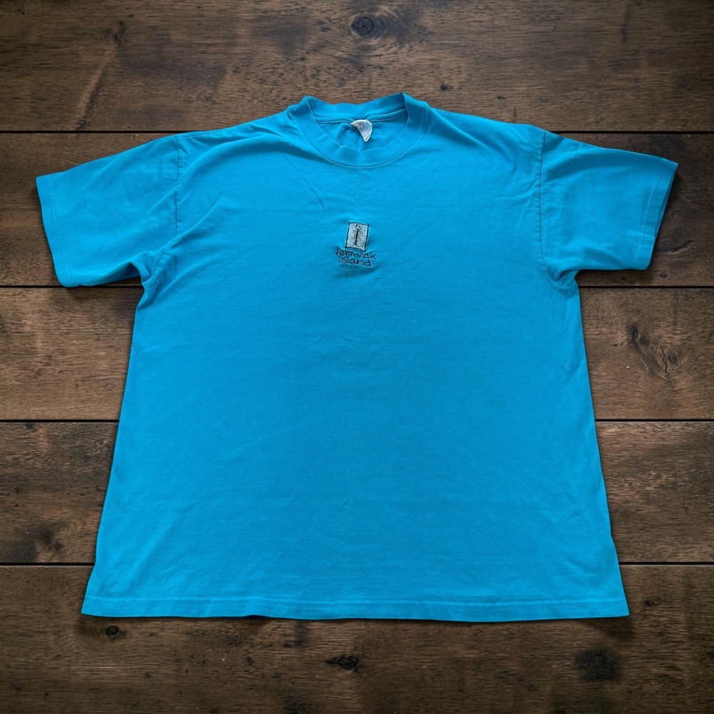 Vintage Hanes Beefy-T Fenwick Island Fish Bone T-Shirt Turquoise Blue XL 90s